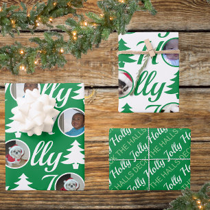 Holly Jolly Photo Collage Green White Christmas Wrapping Paper Sheet