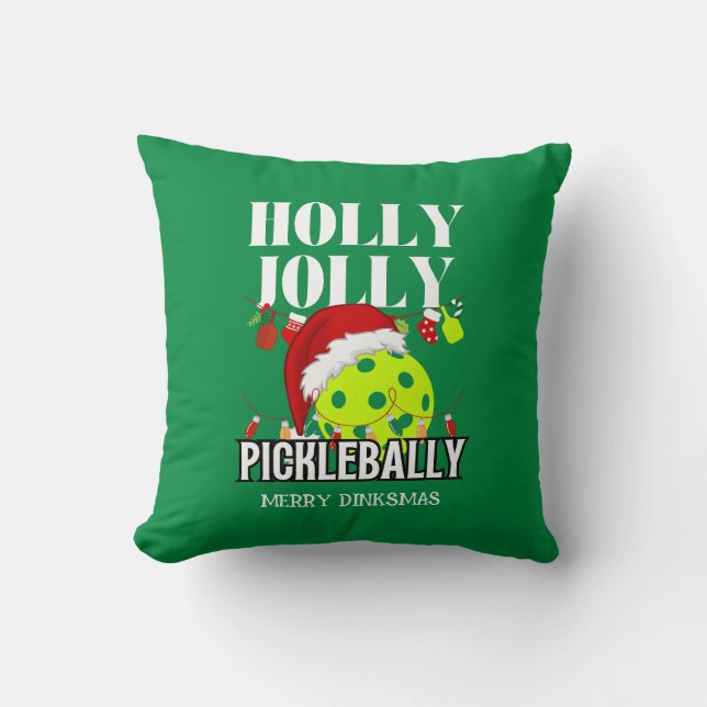 HOLLY JOLLY PICKLEBALLY Christmas Green Cushion (Front)