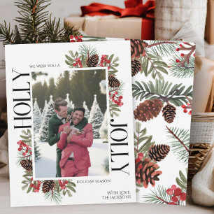Holly Jolly Pine Cones Berries One Photo Christmas Holiday Card