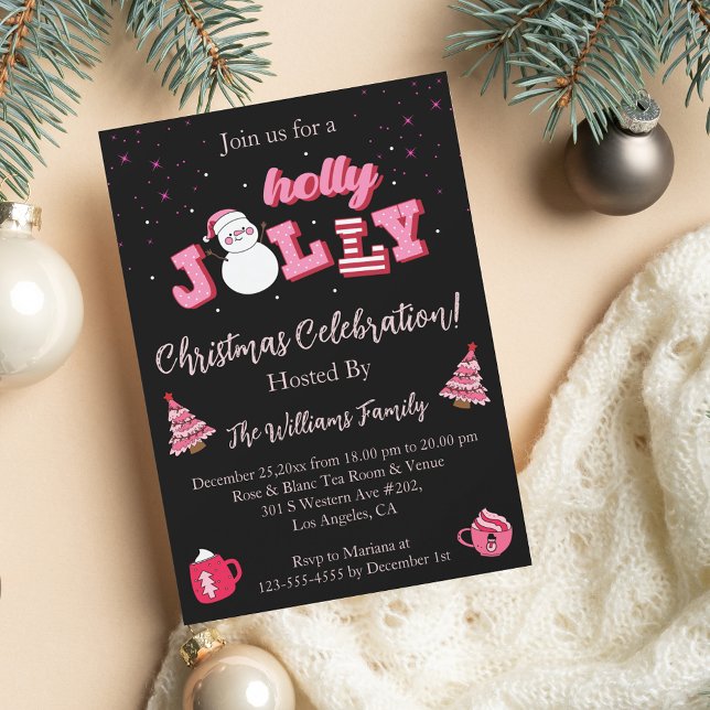 holly jolly pink black christmas party invitation (Creator Uploaded)