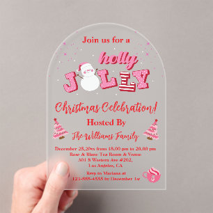 holly jolly pink red script christmas party arch acrylic invitations
