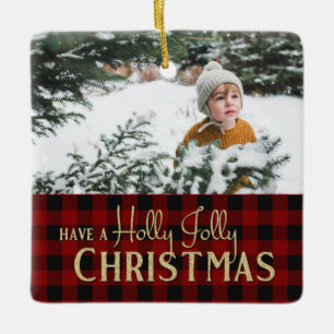 Holly Jolly Plaid Christmas with Photo Ceramic Orn Ornament