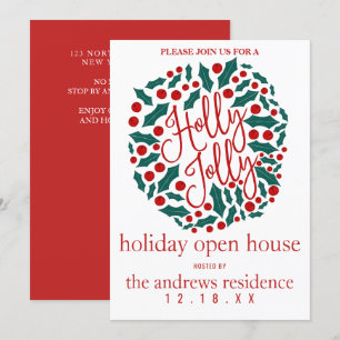 Holly Jolly Quote Leaf Berries Holiday Open House Invitation