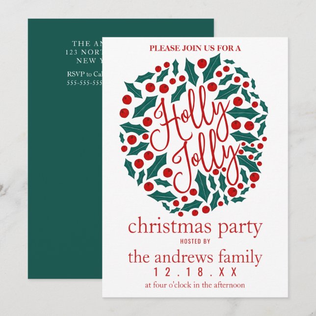 Holly Jolly Quote Leaves Berries Christmas Party Invitation (Front/Back)
