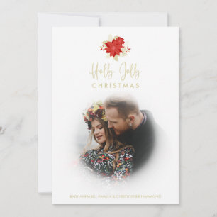 Holly Jolly Quote with Poinsettias Photo Christmas Holiday Card