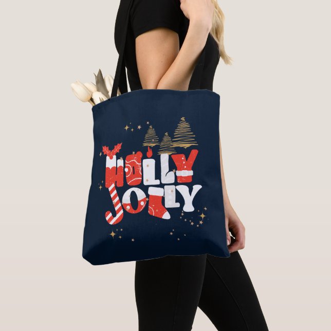 Holly Jolly Red White Gold Christmas Winter Tote Bag (Close Up)