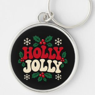 Holly Jolly Retro Christmas Round Keychain