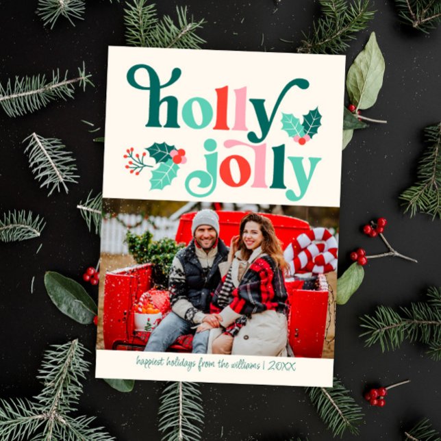 Holly Jolly Retro Family Photo Holiday Card (Creator Uploaded)