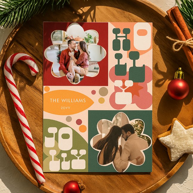 Holly Jolly Retro Geometric Christmas Floral Photo Holiday Card (Creator Uploaded)