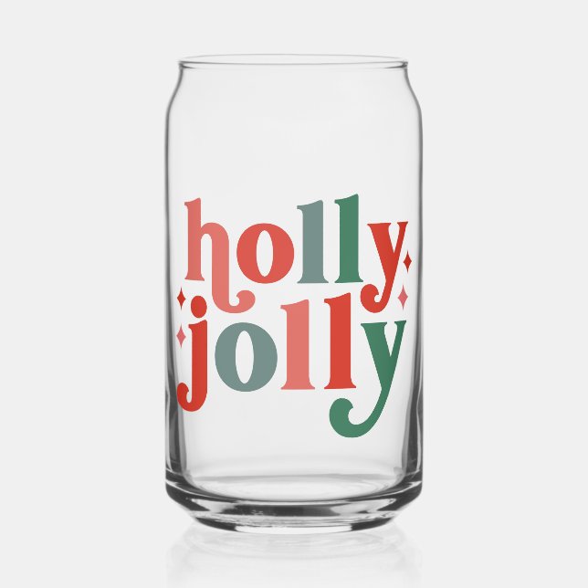 Holly Jolly - Retro Holiday Typography Can Glass (Front)
