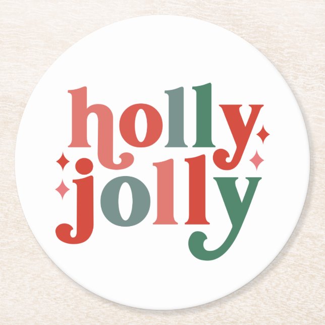 Holly Jolly - Retro Holiday Typography Round Paper Coaster (Front)