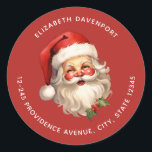 Holly Jolly Santa Claus Retro Christmas Address Classic Round Sticker<br><div class="desc">Address stickers with a joyful illustration of a vintage style Santa Claus with red rosy cheeks. wearing his classic red Santa hat and his big white bear. A sprig of holly adds to the festive holiday spirit of this design.</div>