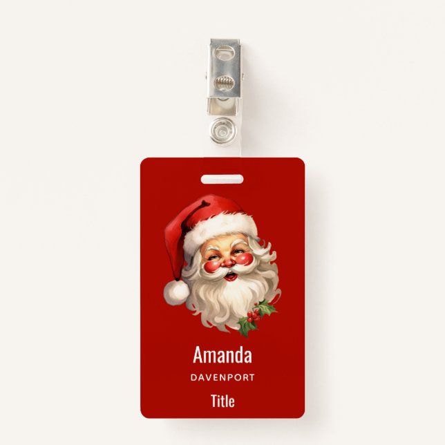 Holly Jolly Santa Claus Retro Christmas ID Badge (Front with Clip)