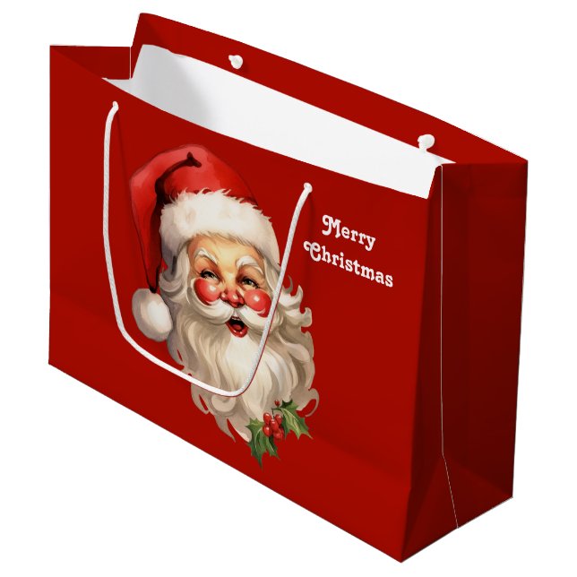 Holly Jolly Santa Claus Retro Christmas Large Gift Bag (Front Angled)