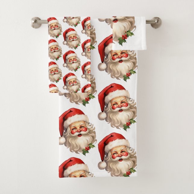 Holly Jolly Santa Claus Retro Christmas Pattern Bath Towel Set (Insitu)