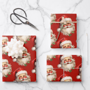 Holly Jolly Santa Claus Retro Christmas Pattern Wrapping Paper Sheet