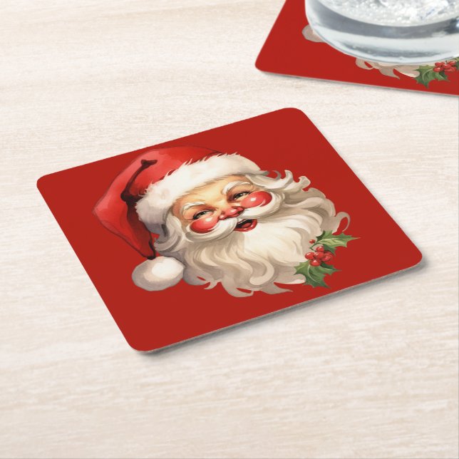 Holly Jolly Santa Claus Retro Christmas Square Paper Coaster (Angled)