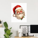Holly Jolly Santa Claus Retro Style Christmas Poster<br><div class="desc">Poster with a joyful illustration of a vintage style Santa Claus with red rosy cheeks. wearing his classic red Santa hat and his big white bear. A sprig of holly adds to the festive holiday spirit of this design.</div>
