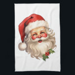 Holly Jolly Santa Claus Retro Style Christmas Tea Towel<br><div class="desc">A kitchen towel with a joyful illustration of a vintage style Santa Claus with red rosy cheeks. wearing his classic red Santa hat and his big white bear. A sprig of holly adds to the festive holiday spirit of this design.</div>