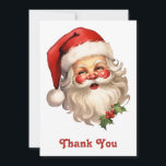 Holly Jolly Santa Claus Retro Style Christmas Thank You Card<br><div class="desc">Thank you card with a joyful illustration of a vintage style Santa Claus with red rosy cheeks. wearing his classic red santa hat and his big white bear. A sprig of holly adds to the festive holiday spirit of this design.</div>