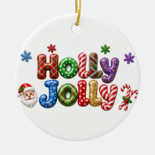 Holly Jolly Santa Tinsel Candy Cane Christmas Ceramic Tree Decoration