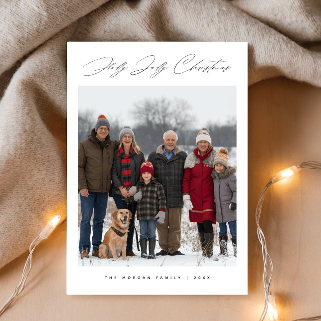 Holly Jolly Script Snowy Family Christmas Photo Holiday Card (Creator Uploaded)