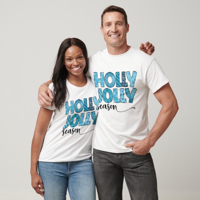 Holly Jolly Season Festive Blue Pattern Christmas T-Shirt (Unisex)