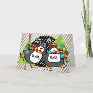 Holly Jolly Skating Penguins Holiday Greeting Card