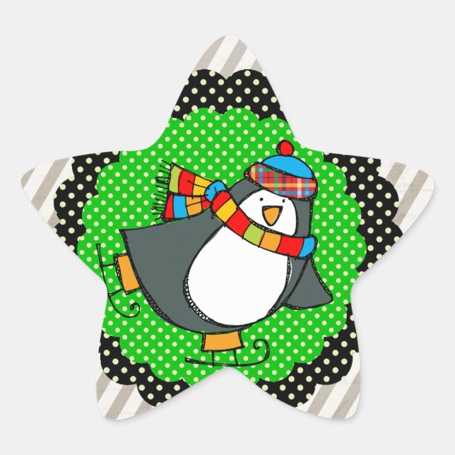 Holly Jolly Skating Penguins Star Sticker (Front)
