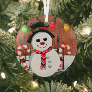 Holly Jolly Snowman  Glass Tree Decoration