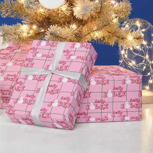 Holly Jolly Snowman Pink Christmas Wrapping Paper (Holidays)