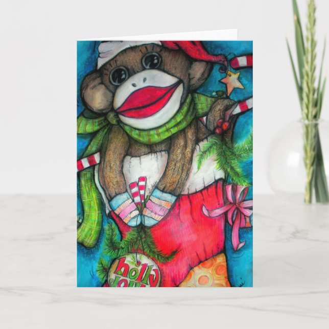 Holly Jolly Sock Monkey Holiday Card (Front)