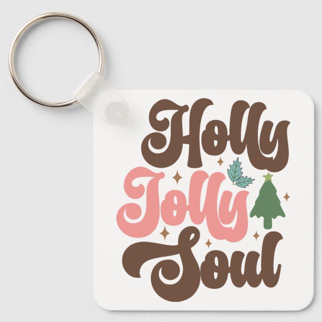 Holly Jolly Soul Retro Groovy Christmas Holidays Key Ring (Front)