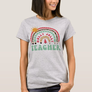 Holly Jolly Teacher Leopard Retro Rainbow Teacher  T-Shirt
