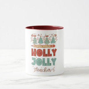 Holly Jolly Teacher Retro Christmas Mug