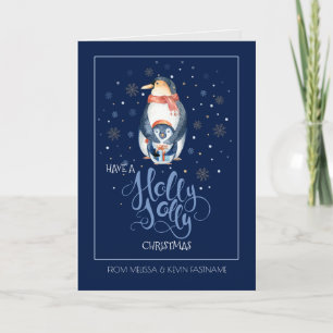 Holly Jolly Typography & Christmas Pinguin Holiday Card