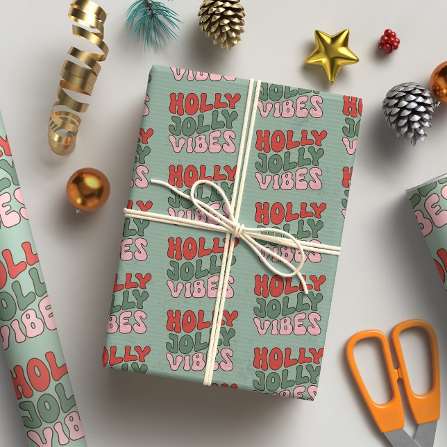 Holly Jolly Vibes Groovy Retro Christmas Wrapping Paper (Creator Uploaded)