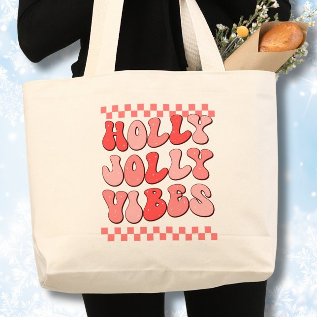 Holly Jolly vibes, Retro Christmas  Large Tote Bag (Retro Christmas,Hippie Christmas,Christmas tote bag, Holly Jolly vibes, Checkered pattern,tote bag)