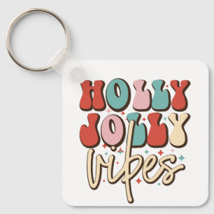 Holly Jolly Vibes Retro Groovy Christmas Holidays Key Ring