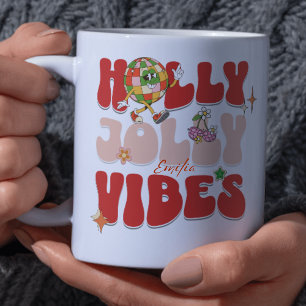Holly Jolly Vibes Retro Groovy Red Christmas Name Mug