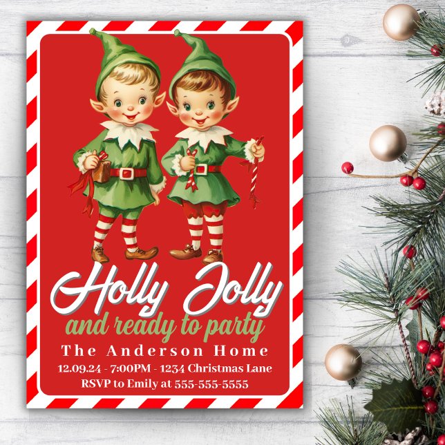 Holly Jolly Vintage Christmas Elves Holiday Party Invitation (Holly Jolly Vintage Christmas Elves Holiday Party Invitation)