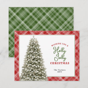 Holly Jolly Watercolor Tree Plaid Christmas Holiday Card
