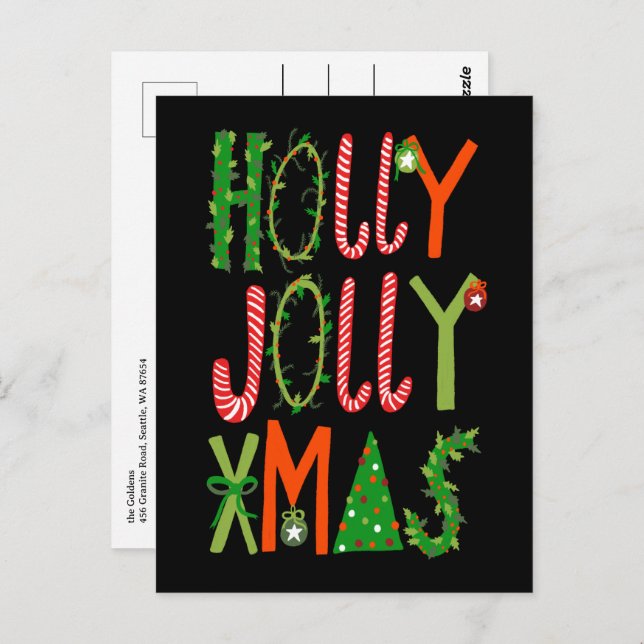 HOLLY JOLLY XMAS Lettering Christmas CUSTOM Postcard (Front/Back)