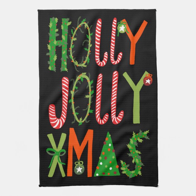 HOLLY JOLLY XMAS Sweet Holiday Christmas Tea Towel (Vertical)