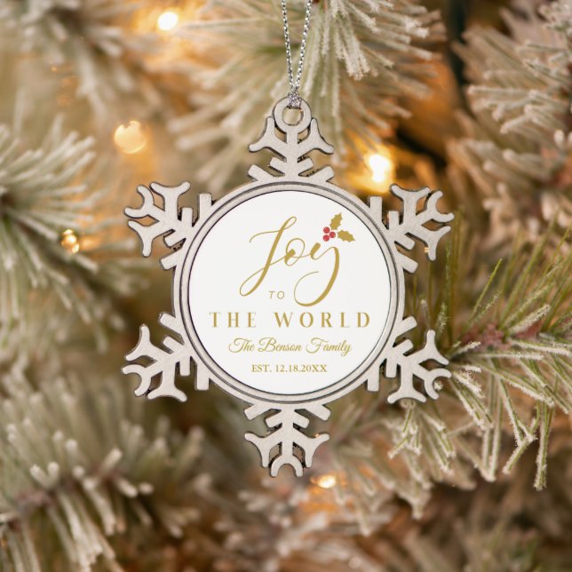 Holly Joy to the World Golden Christmas Quote Snowflake Pewter Christmas Ornament (Tree)