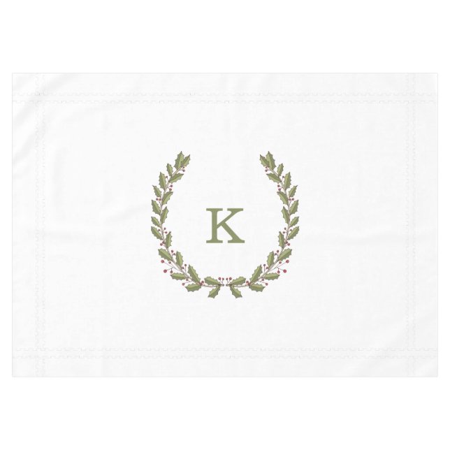 Holly Laurel Wreath Monogram Holiday Tablecloth (Front (Horizontal))
