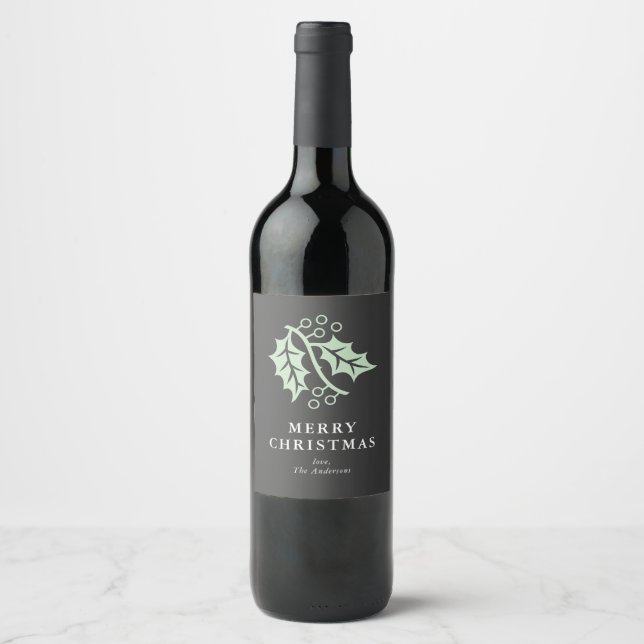 Holly Leaf and Berries Charcoal Grey Christmas Wine Label (Front)