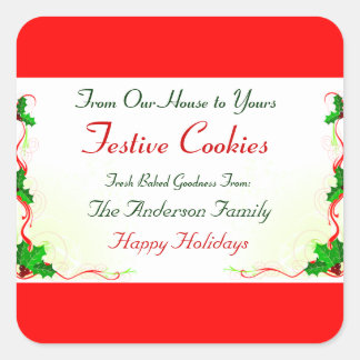 Holly Leaf and Red Ribbon Holiday Food Square Sticker