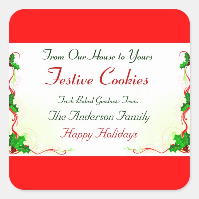 Holly Leaf and Red Ribbon Holiday Food Square Sticker (Front)