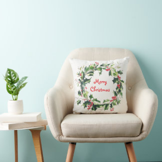 Holly leaves and berries Christmas wreath Cushion
